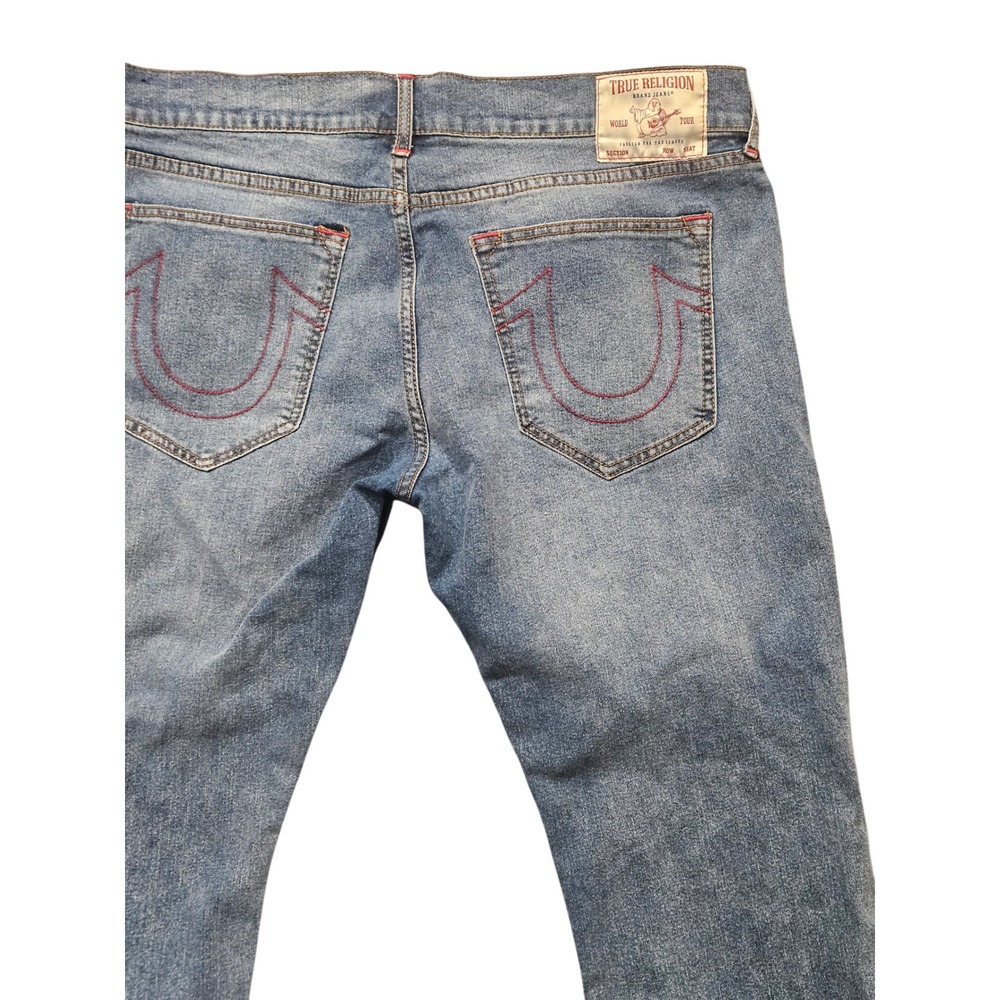 True Religion Ricky Relaxed Straight Jeans Mens 40 Medium Wash Blue Red Stitch